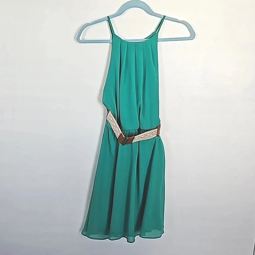 Teal Chiffon Halter Dress with Crochet Belt mini Length Size M